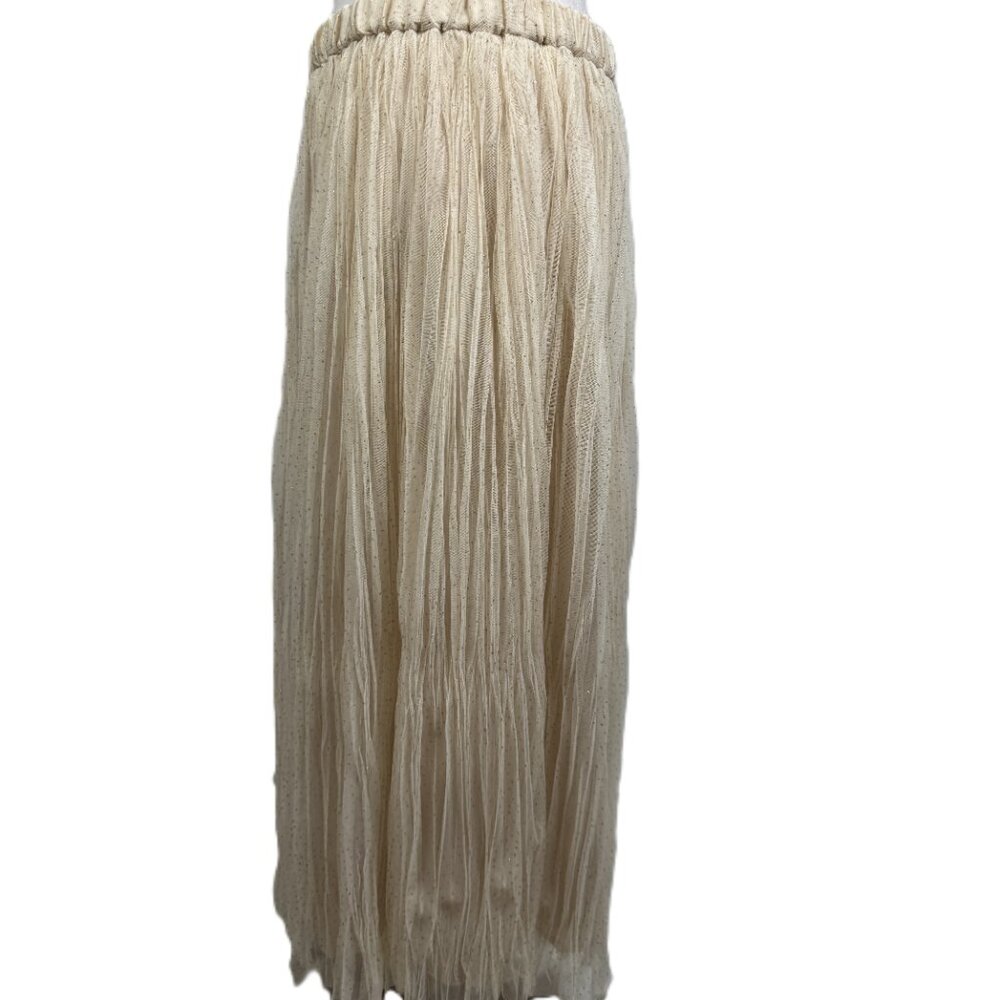 NWT H&M Tulle Cream & Gold Pleated Maxi Skirt Elastic Shimmer Waist Size Medium - Picture 4 of 9